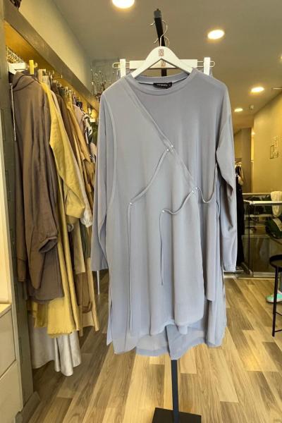 Ceremony Tuniğinin Önü Yarım Şifon Pantolonu Şifon Yırtmaç Detaylı Sandy Takım Gri