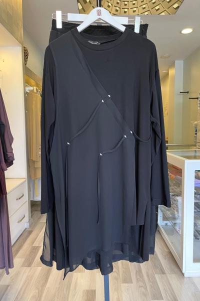 Ceremony Tuniğinin Önü Yarım Şifon Pantolonu Şifon Yırtmaç Detaylı Sandy Takım Siyah