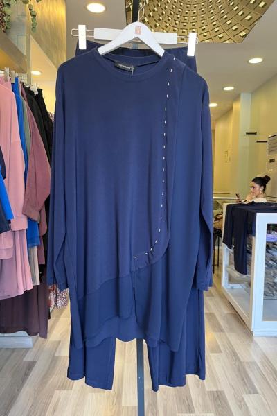 Ceremony Tuniğinin Yan Ve Etek Ucu Şifon Aksesuar Detaylı Pantolonlu  Takım Lacivert