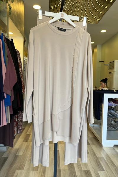 Ceremony Tuniğinin Yan Ve Etek Ucu Şifon Aksesuar Detaylı Pantolonlu  Takım Bej