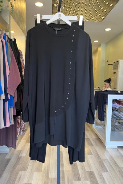 Ceremony Tuniğinin Yan Ve Etek Ucu Şifon Aksesuar Detaylı Pantolonlu  Takım Siyah