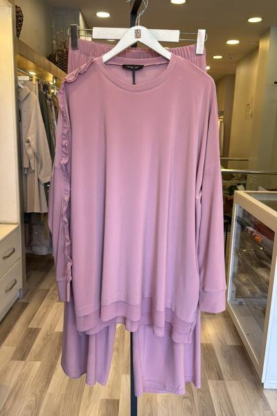 Ceremony Tuniğinin Tek Kolu Fır Fır Şifon Ve İnci Detaylı Sandy Pantolon Takım Pembe