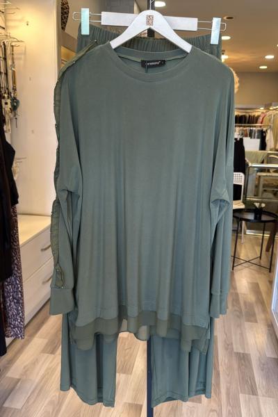 Ceremony Tuniğinin Tek Kolu Fır Fır Şifon Ve İnci Detaylı Sandy Pantolon Takım Haki