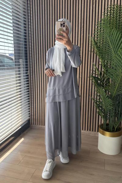 Ceremony Tuniğinin Ve Eteğinin Şifonlu Minik Aksesuar Detaylı Sandy Takım  Gri