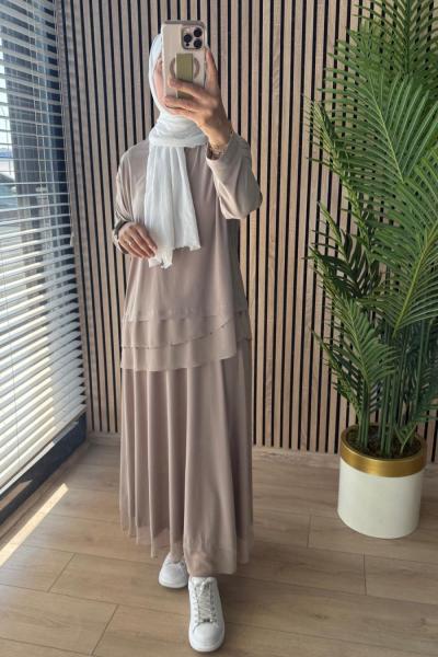 Ceremony Tuniğinin Ve Eteğinin Şifonlu Minik Aksesuar Detaylı Sandy Takım  Bej