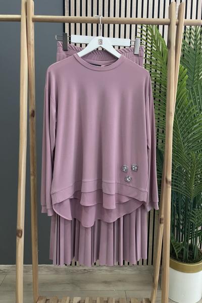 Ceremony Tuniğinin Önü Boncuk Taş Ve Şifon Detay Pliseli Sandy Etek Takım  Pembe