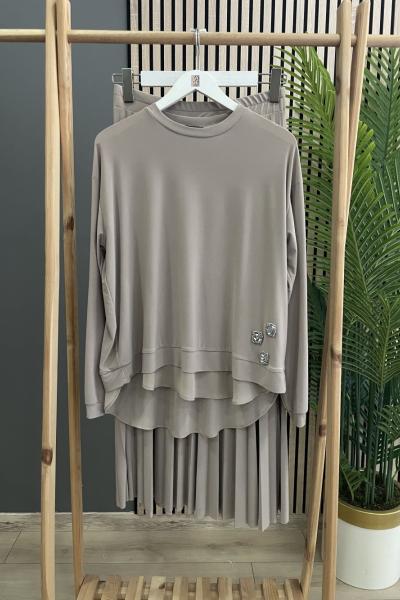 Ceremony Tuniğinin Önü Boncuk Taş Ve Şifon Detay Pliseli Sandy Etek Takım  Bej