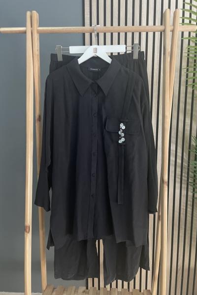 Ceremony Tuniğinin ve Pantolonunun Önü Sedef Aksesuarlı Takım Siyah