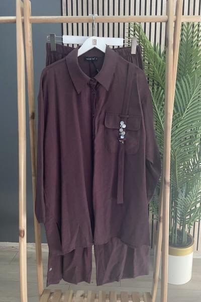 Ceremony Tuniğinin ve Pantolonunun Önü Sedef Aksesuarlı Takım Bordo