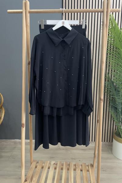 Ceremony Tomurcuk İşlemeli Kısa Gömlek Etekli Rano Takım Siyah