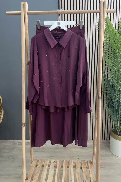 Ceremony Tomurcuk İşlemeli Kısa Gömlek Etekli Rano Takım Bordo