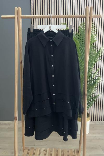 Ceremony Tuniği Ve Eteği Boncuk Detaylı Sedef Düğmeli Cupra Etekli Takım Siyah