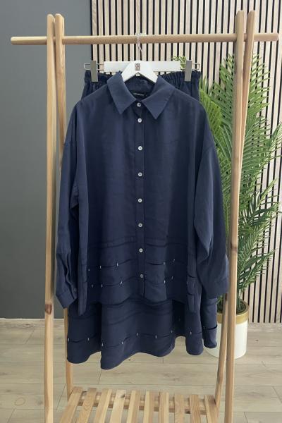 Ceremony Tuniği Ve Eteği Boncuk Detaylı Sedef Düğmeli Cupra Etekli Takım Lacivert