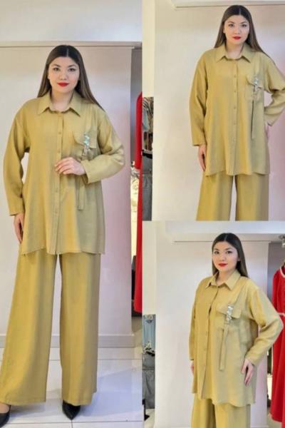 Ceremony Tuniğinin ve Pantolonunun Önü Sedef Aksesuarlı Takım Amber