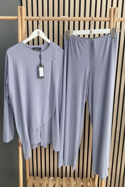 Ceremony Tuniğinin Yan Ve Etek Ucu Şifon Aksesuar Detaylı Pantolonlu  Takım Gri