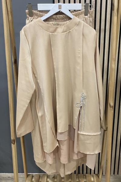 Ceremony Tuniği Şifon ve Parlak İp Detay Bol Paça Samar Takım  Somon