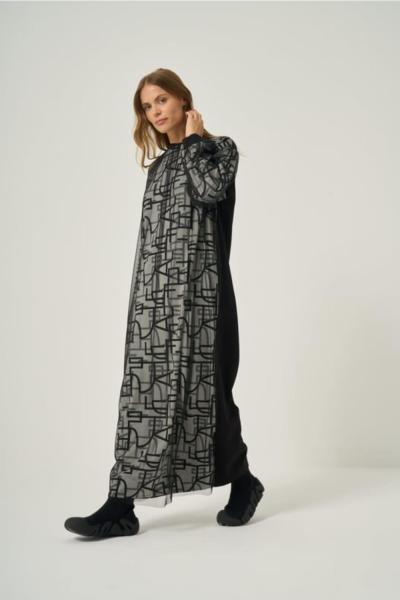 Ceremony 2026 KIŞ Tül Detaylı Baskılı Triko Elbise Gri