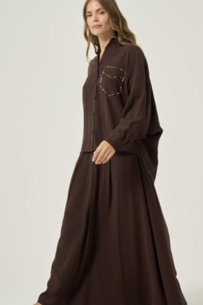 Ceremony 2026 KIŞ Tuniği Boncuk İşlemeli Etekli Takım Kahverengi