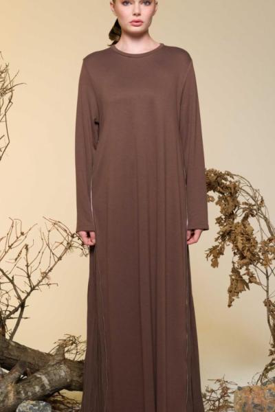 Ceremony Yanlarından Fermuarlı Kraşlı A Form Elbise Kahverengi