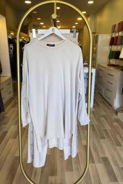 Ceremony Yanları Deri Bağcıklı Pantolonlu Çelik Triko Takım Süt Köpüğü