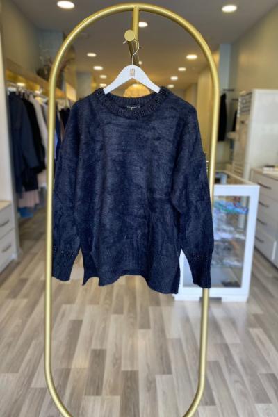 Ceremony Yakası ve Kolları İnci İşlemeli Yumoş Kazak Siyah