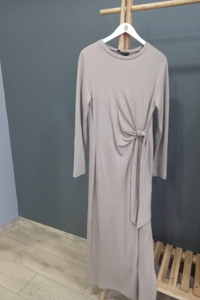 Ceremony Yandan Bağlamalı İşleme Detaylı Çelik Elbise  Taş Rengi