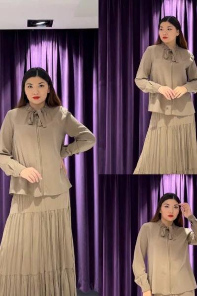 Ceremony Yakası Bağlamalı Kraşlı Etekli Tencel Takım  Vizon