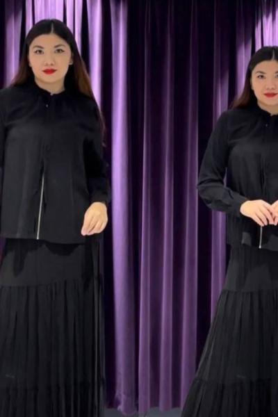 Ceremony Yakası Bağlamalı Kraşlı Etekli Tencel Takım  Siyah