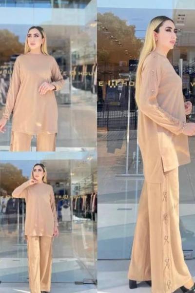 Ceremony Yanları Deri Bağcıklı Pantolonlu Çelik Triko Takım Camel