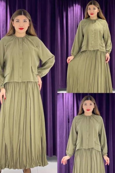 Ceremony Yakası Lastikli Büzgülü Önden Düğmeli Pasıon Bluz Haki