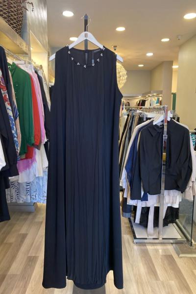 Ceremony Yakası İnci Detay Kolsuz Vien Elbise Siyah