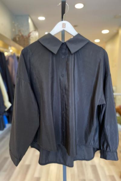 Ceremony Yakası Büzgülü Keten Dijital Kısa Bluz Siyah