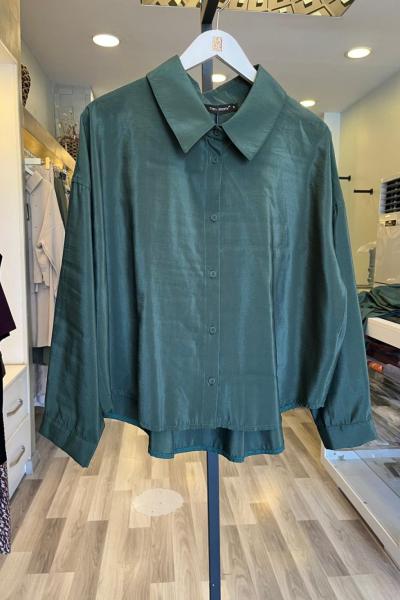 Ceremony Yakası Büzgülü Keten Dijital Kısa Bluz Koyu Yeşil