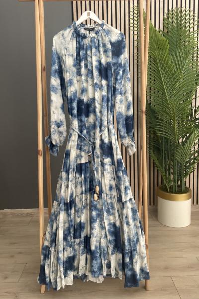 Ceremony Yakası Fır Fır Ve Büzgü Detaylı Ucu Kraşlı Cupra Elbise Mavi