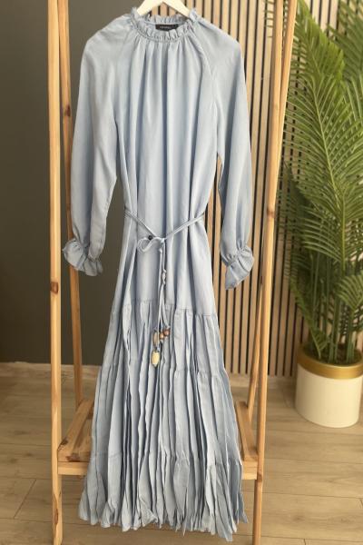 Ceremony Yakası Fır Fır Ve Büzgü Detaylı Ucu Kraşlı Cupra Elbise Mavi