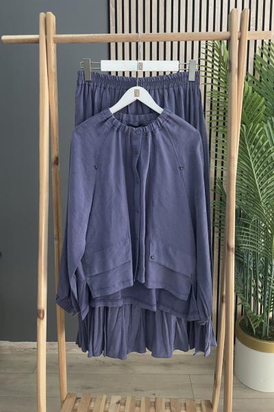 Ceremony Yakası Büzgülü Bluz Belli Lastikli Kraş Etek Takım İndigo