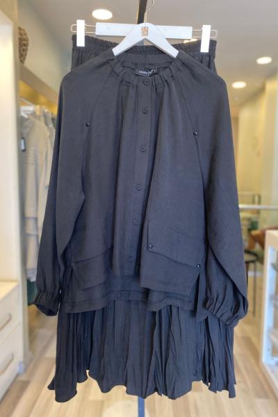 Ceremony Yakası Büzgülü Bluz Belli Lastikli Kraş Etek Takım Siyah