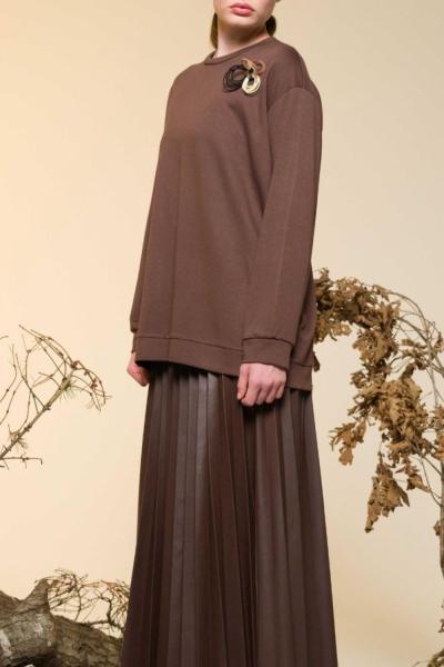 Ceremony Zara Deri Plisoley Etek Çelik Triko Sweat Takım Kahverengi