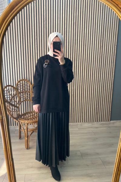 Ceremony Zara Deri Plisoley Etek Çelik Triko Sweat Takım Siyah