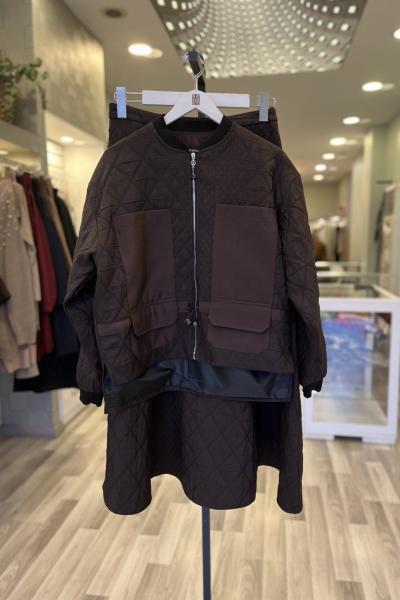 Ceremony 2026 KIŞ Önü Fermuarlı Ceket Ve Etekli Baklava Kapiton Takım Kahverengi