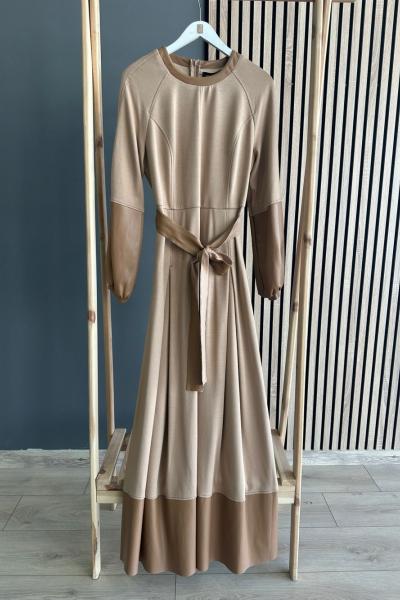 Ceremony Deri Detay Balon Kol Elbise Camel