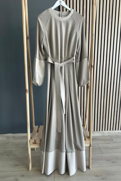 Ceremony Deri Detay Balon Kol Elbise Taş Rengi