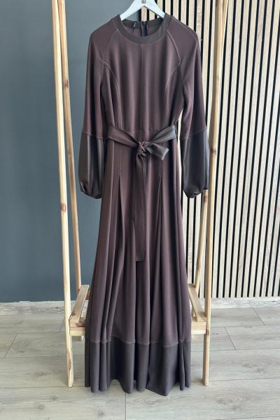 Ceremony Deri Detay Balon Kol Elbise Acı Kahve