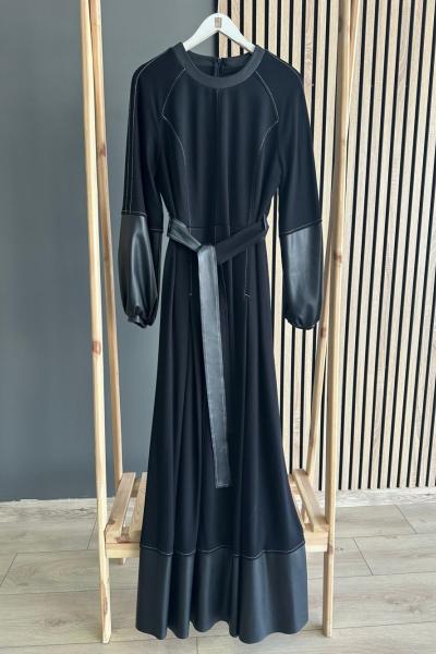 Ceremony Deri Detay Balon Kol Elbise Siyah