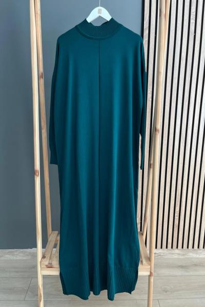 Şirin Dik Yaka Merserize Elbise Zümrüt