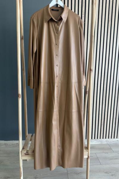 Ceremony Dikiş Detaylı Deri Elbise Camel