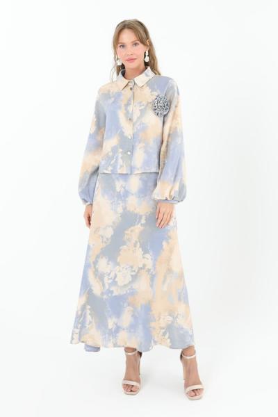 Puane Ebruli Desen Kloş Etekli Takım Mavi