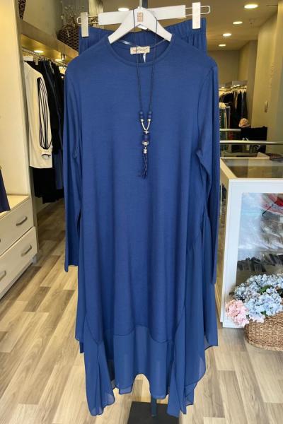 Efraze Asimetrik Şifonlu Penye Takım İndigo