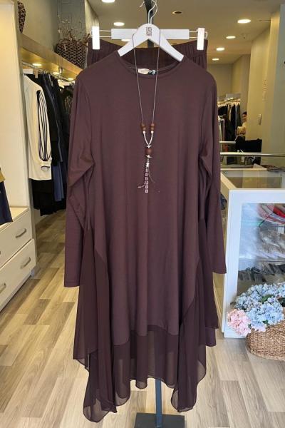 Efraze Asimetrik Şifonlu Penye Takım Kahverengi