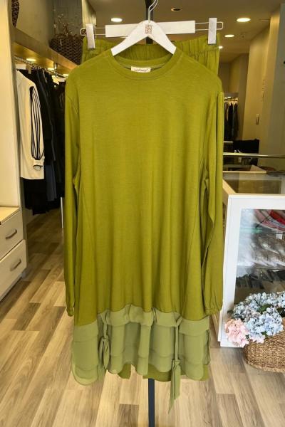 Efraze Şifon Büzgü Detay Penye Takım Fıstık Yeşili